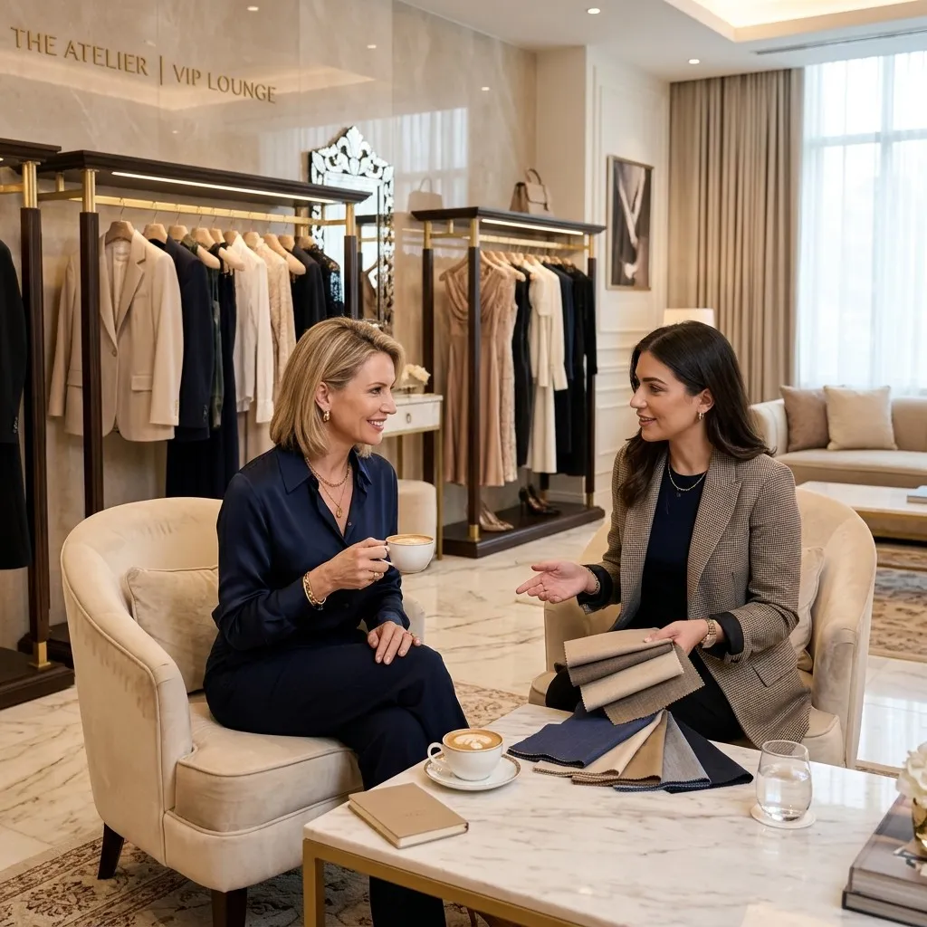 Consultora de moda apresentando tecidos durante atendimento personalizado