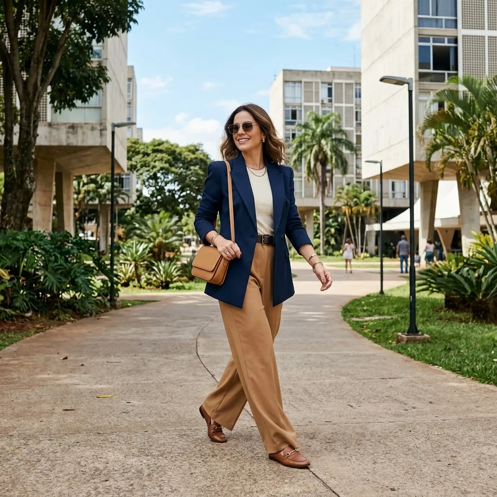 Mulher vestindo blazer azul e calça de alfaiataria