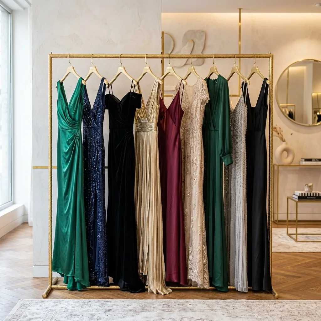 Seleção de vestidos longos em um atelier